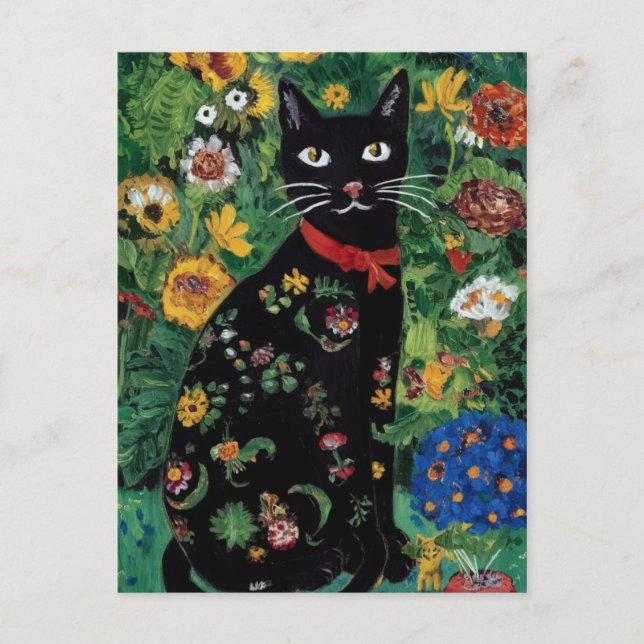 Postal Gustav Klimt Gato negro en un jardín de flores, ar (Anverso)