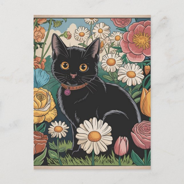 Postal Gustav Klimt Gato negro en un jardín de flores, ar (Anverso)
