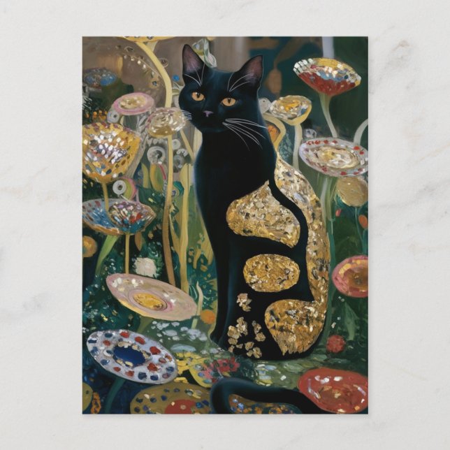 Postal Gustav Klimt Gato negro en un jardín de flores, CA (Anverso)
