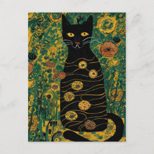 Postal Gustav Klimt Gato Negro Lindo En un Jardín de Flor