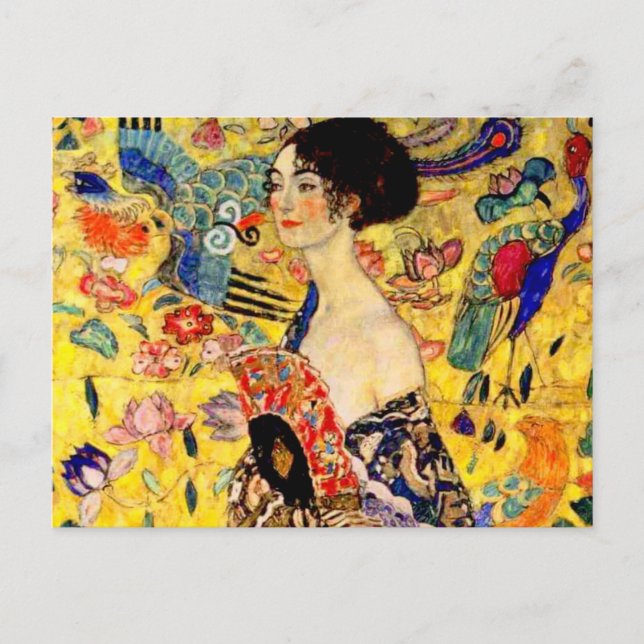 Postal Gustav Klimt Lady con ventilador (Anverso)