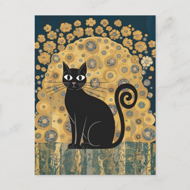 Postal Gustav Klimt Style Black Cat Art (Anverso)
