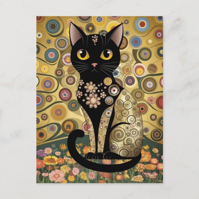 Postal Gustav Klimt Style Black Cat Art (Anverso)