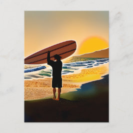 Postal Guy on Beach con Surf Board en Sunset