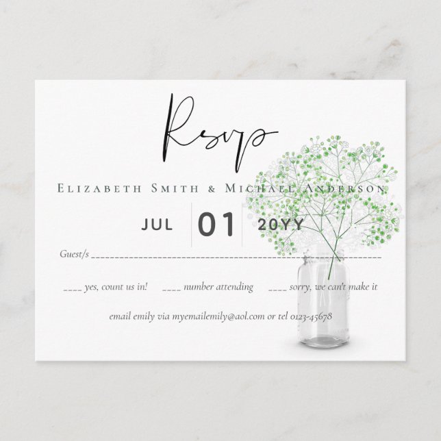 Postal Gypsophila Babys Breath Simple Wedath RSVP (Anverso)