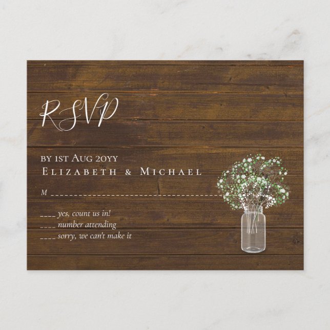 Postal Gypsophila Mason Jar Wedding RSVP (Anverso)