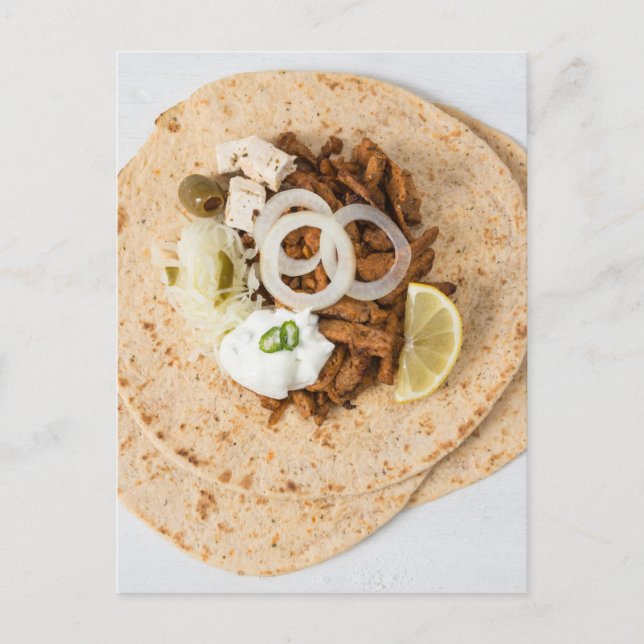 Postal Gyros pita con aceitunas coleslaw de tzatziki y fe (Anverso)