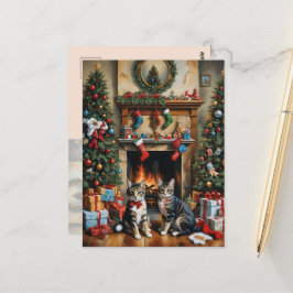 Postal Habitación decorada con fiesta, chimenea, gatos, v