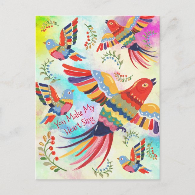 Postal Haces que mi corazón cante Arte popular pájaros Ti (Anverso)