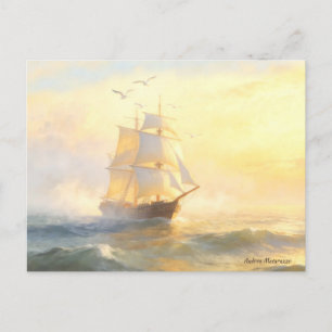 Postal Haciendo vela en la niebla dorada