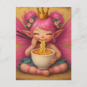 Postal Hada Adorable Con Pelo Rosa Comer Ramen