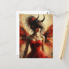 Postal Hada Adorable con Vestido Rojo y Cuernos