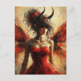 Postal Hada Adorable con Vestido Rojo y Cuernos