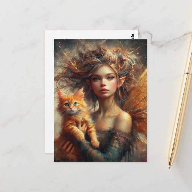 Postal Hada Adorable y su Ginger Kitten (Anverso/Reverso In Situ)