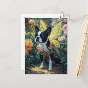 Postal Hada Boston Terrier en un jardín de rosas