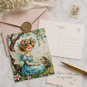 Postal Hada Caprichosa con Erizo en Jardín Encantado