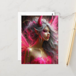 Postal Hada con cuernos en un brillante vestido rosa