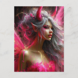 Postal Hada con cuernos en un brillante vestido rosa