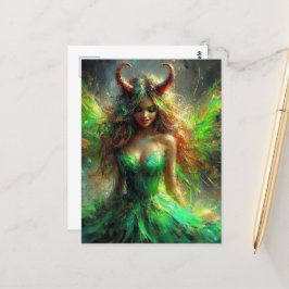 Postal Hada con cuernos en un vestido verde