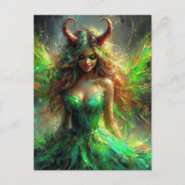 Postal Hada con cuernos en un vestido verde