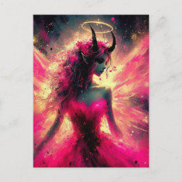 Postal Hada con cuernos que la sostienen en rosado
