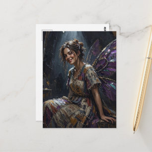 Postal Hada con un vestido de coloridas telas recicladas