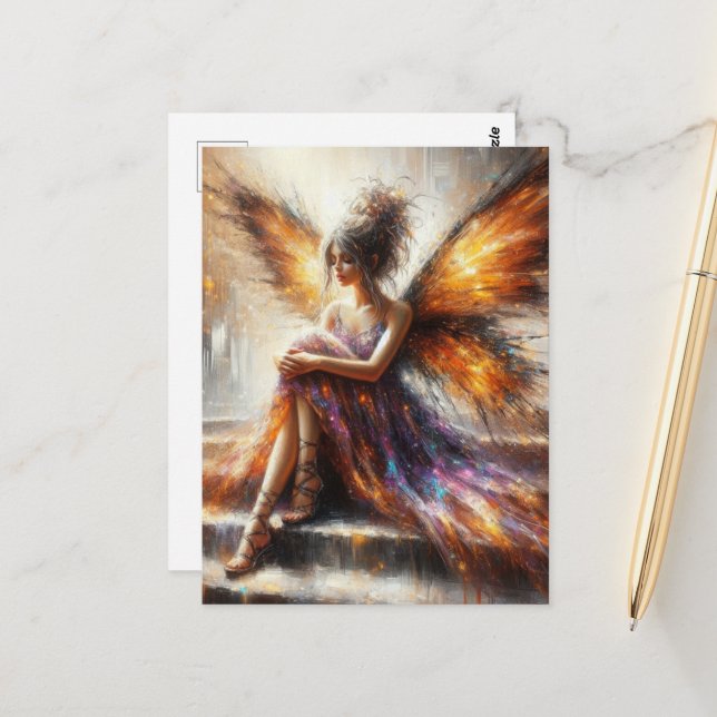 Postal Hada con un vestido morado sentado en las escalera (Anverso/Reverso In Situ)