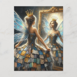 Postal Hada con una vestimenta cristalina y un espejo de 