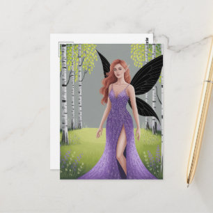 Postal Hada con vestido morado fantasía del bosque