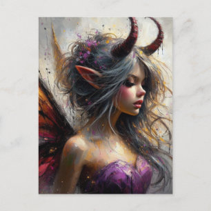 Postal Hada con vestido púrpura y cuernos Arte fantástico