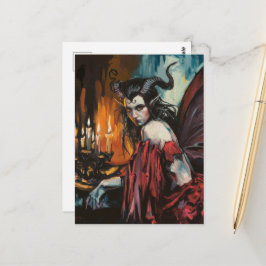 Postal Hada con vestido rojo fantasía oscura