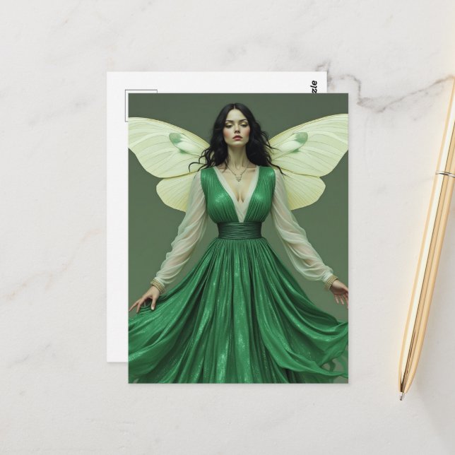 Postal Hada con vestido verde con alas de polilla (Anverso/Reverso In Situ)