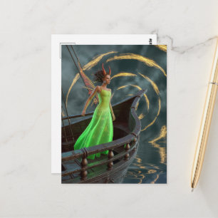 Postal Hada con vestido verde en un barco con cuernos roj