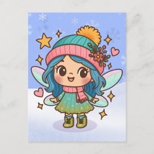 Postal Hada Cute de Invierno Arte de Fantasía Pastel Kawa