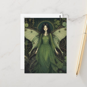 Postal Hada de fantasía con vestido verde y alas de polil