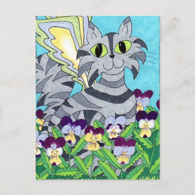 Postal Hada de gato con pansies (Anverso)