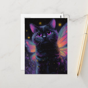 Postal Hada de gato negro y morado adorable
