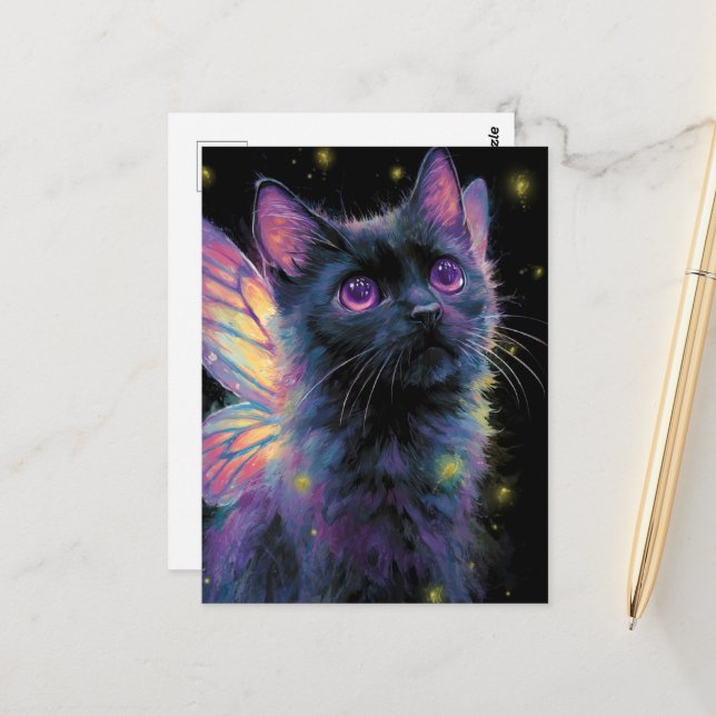Postal Hada de gato negro y morado adorable (Anverso/Reverso In Situ)