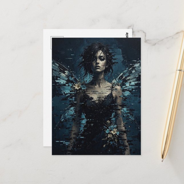 Postal Hada de Glitch Oscuro con Flores (Anverso/Reverso In Situ)
