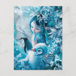 Postal Hada de invierno con compañero de pingüino