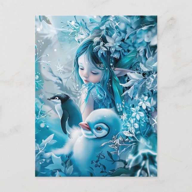 Postal Hada de invierno con compañero de pingüino (Anverso)