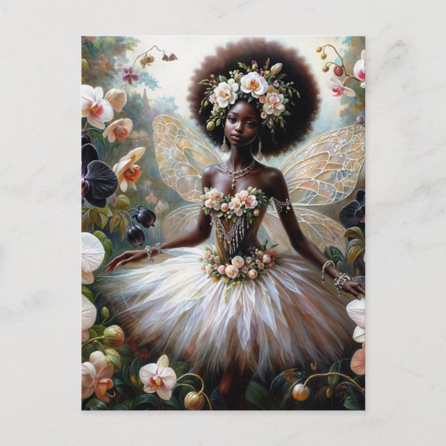 Postal Hada de la Orquídea Negra con Afro (Anverso)