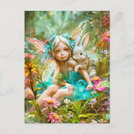 Postal Hada de las Flores y Conejo Gentil