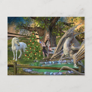 Postal Hada de Navidad Fantasía Unicornio Dragón
