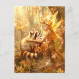 Postal Hada de otoño con Raccoon curioso