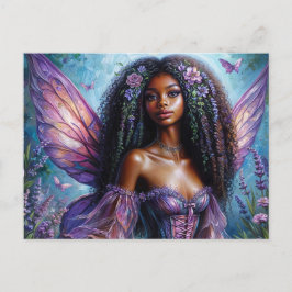 Postal Hada de piel oscura en floral púrpura