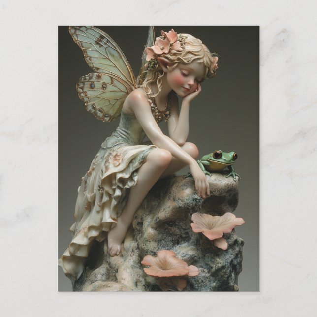 Postal Hada de porcelana adorable con rana verde (Anverso)