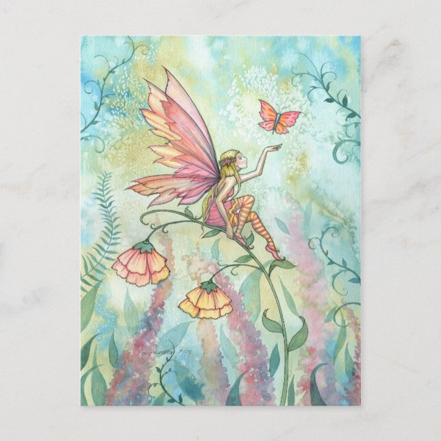 Postal Hada de primavera con arte de fantasía mariposa (Anverso)
