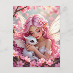 Postal Hada Elfa Rosa Bonita & Dragón