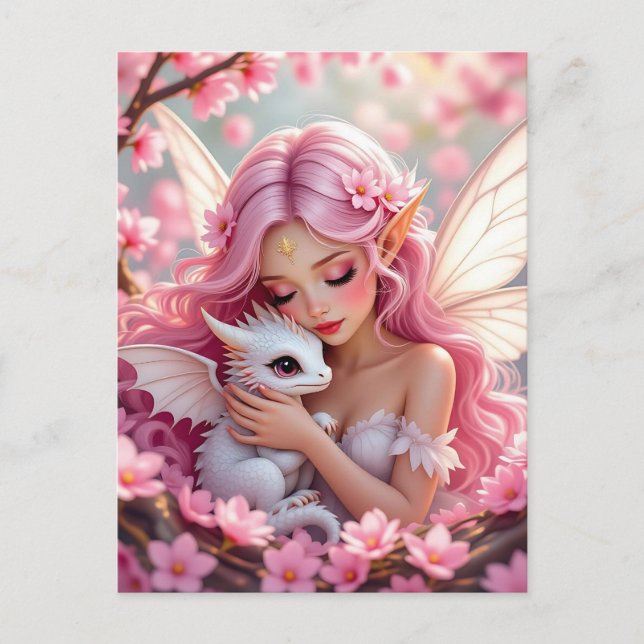 Postal Hada Elfa Rosa Bonita & Dragón (Anverso)